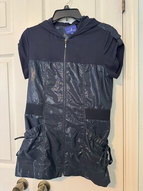 Olivia Hassler Navy Shiny Zip-Front Short sleeves Hoodie jacket S